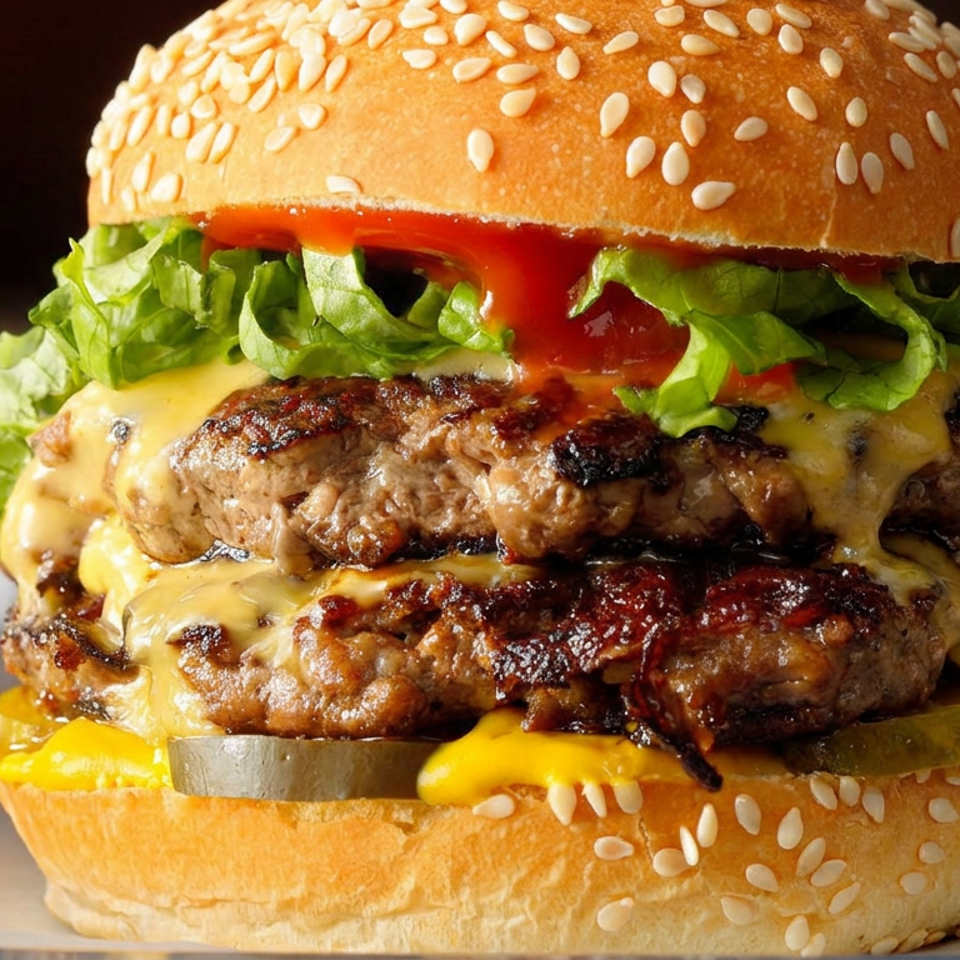 Double cheeseburger with grilled patties, melted cheese, lettuce, tomato sauce, pickles, and sesame seed bun.