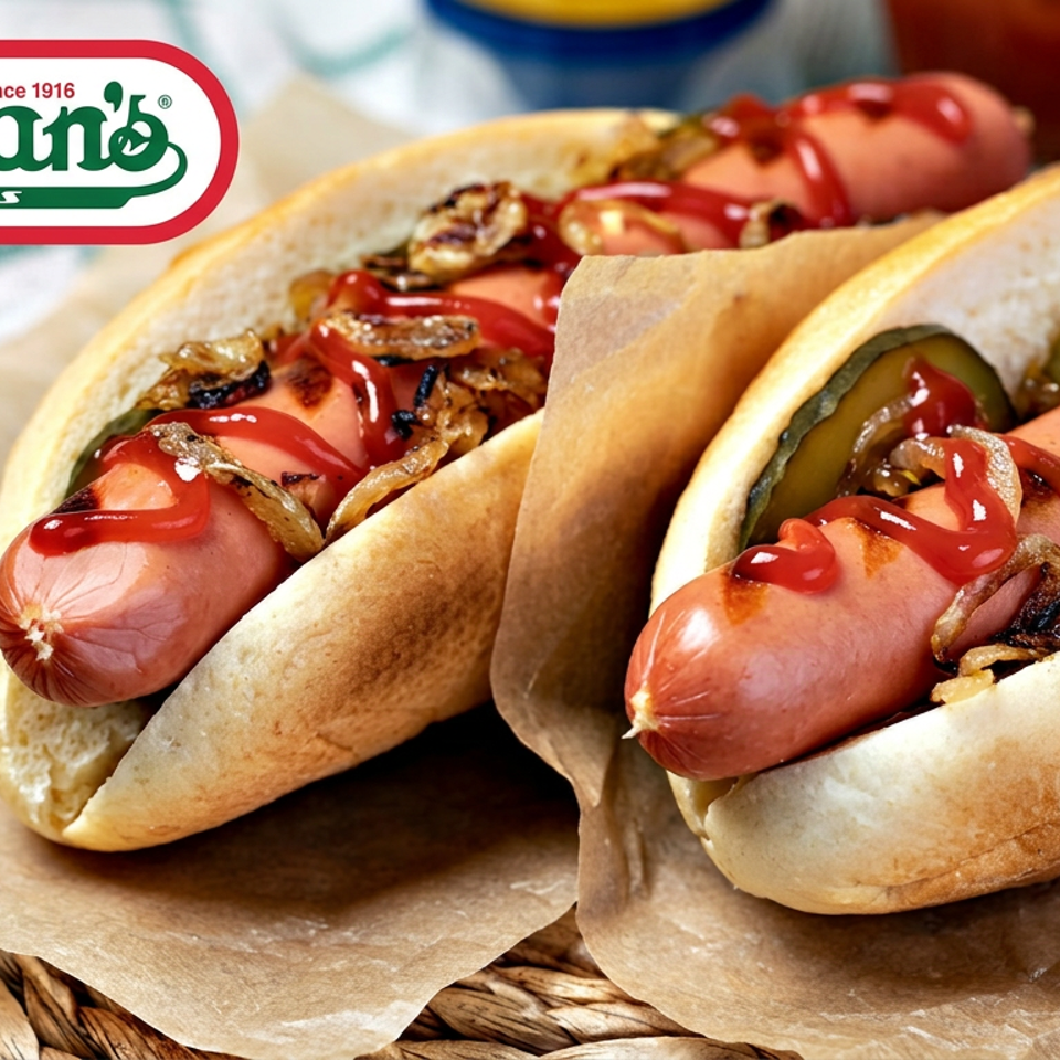 Two Nathan’s Famous hot dogs in buns topped with ketchup, pickles, and grilled onions on parchment paper.