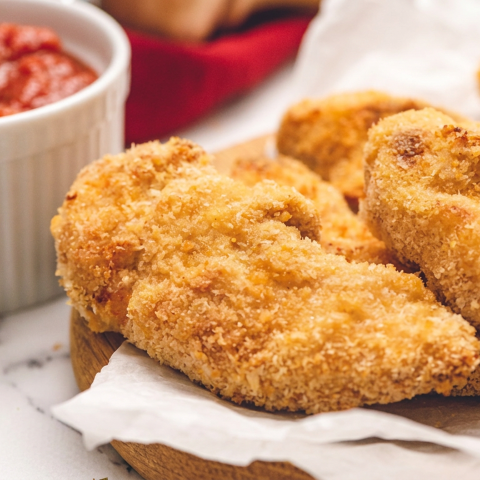 Golden breaded mozzarella sticks piled on a wooden plate beside a ramekin of marinara sauce.