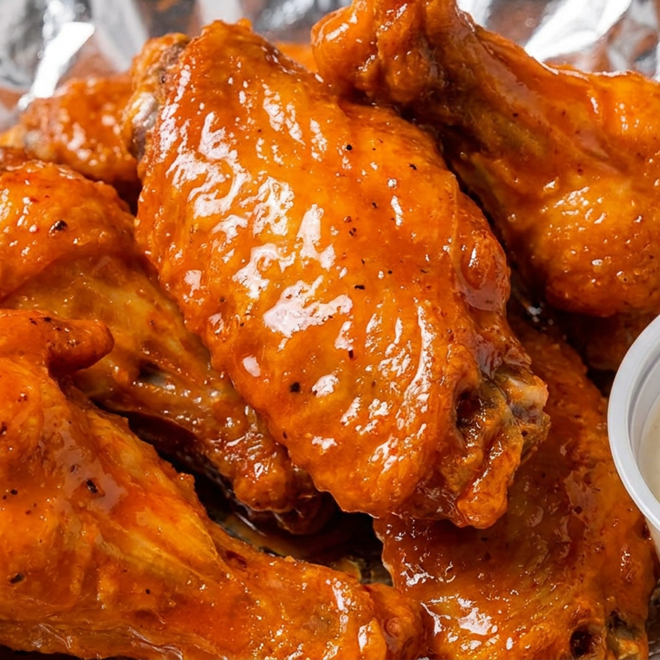 Pile of glossy orange-sauced chicken wings with a cup of creamy dipping sauce on foil.