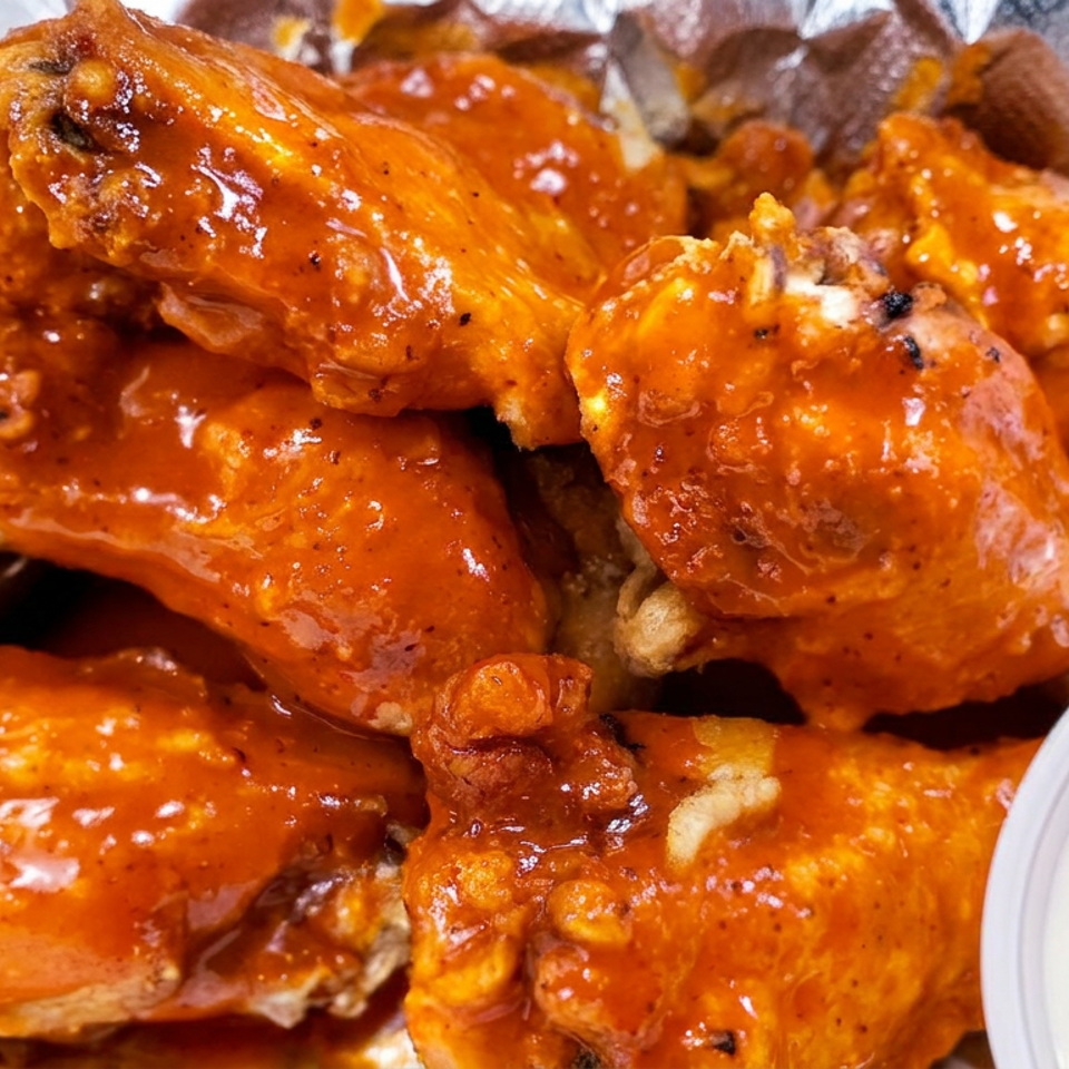 Close-up of saucy buffalo chicken wings piled on foil beside a cup of creamy dipping sauce.